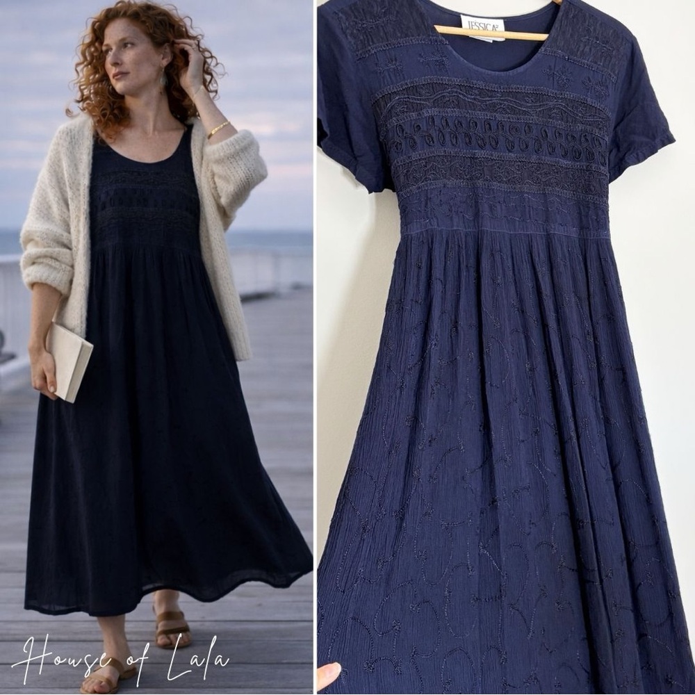 Vintage Navy Embroidered Dark Blue Summer Dress